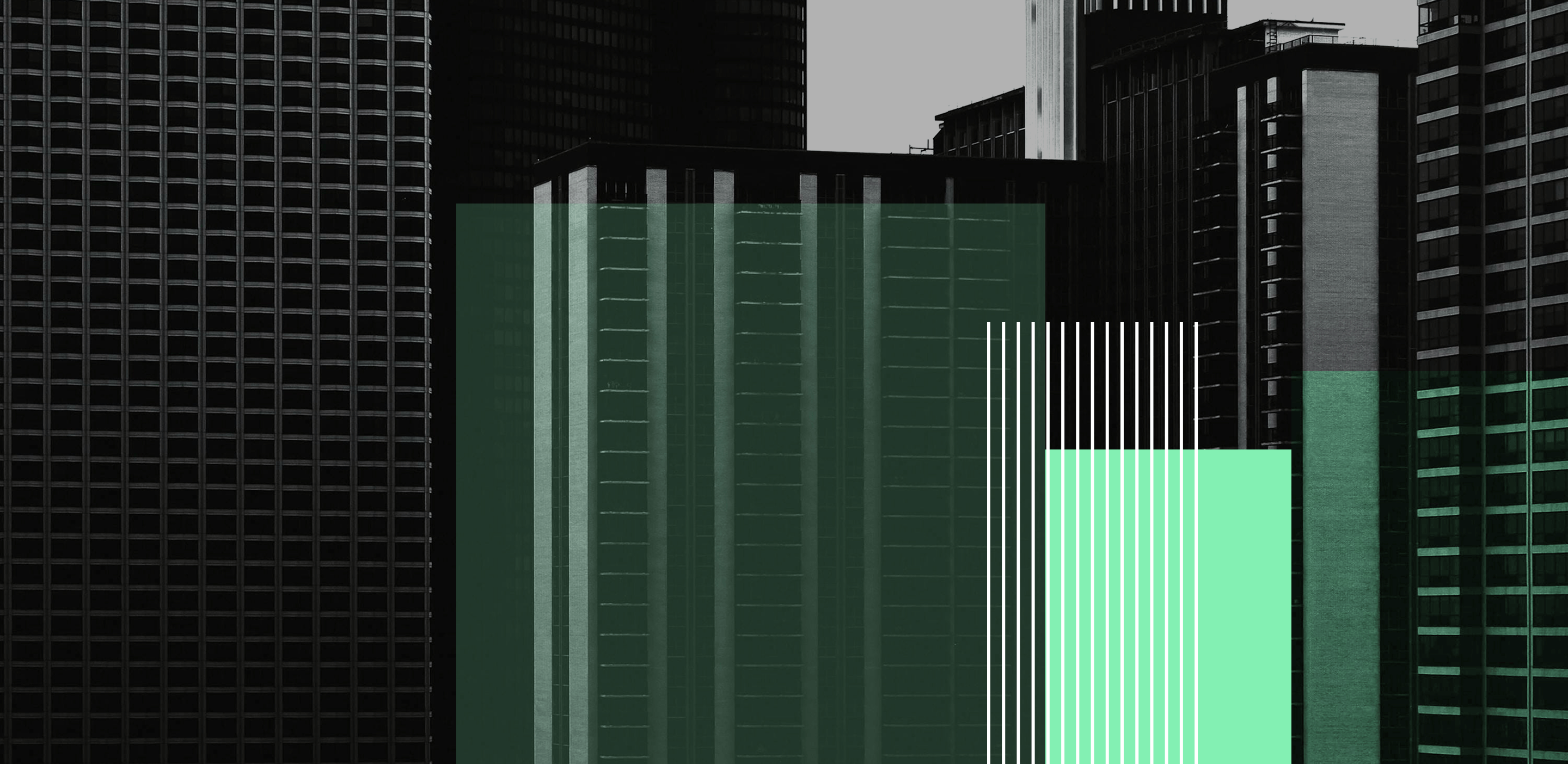 Rascacielos en blanco y negro con bloques geométricos verdes superpuestos y líneas verticales blancas